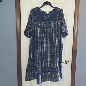 Main street-2X-blue Plaid- Floral Embroidery, short sleeve, soft, cotton, dress.